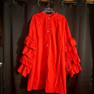 Red Ruffled Sleeve Button-Up Dress